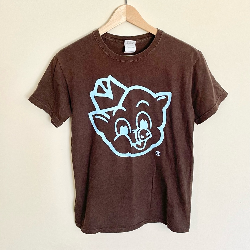Piggly Wiggly I Dig The Pig Blue On Brown Graphic T Shirt Adult size Small